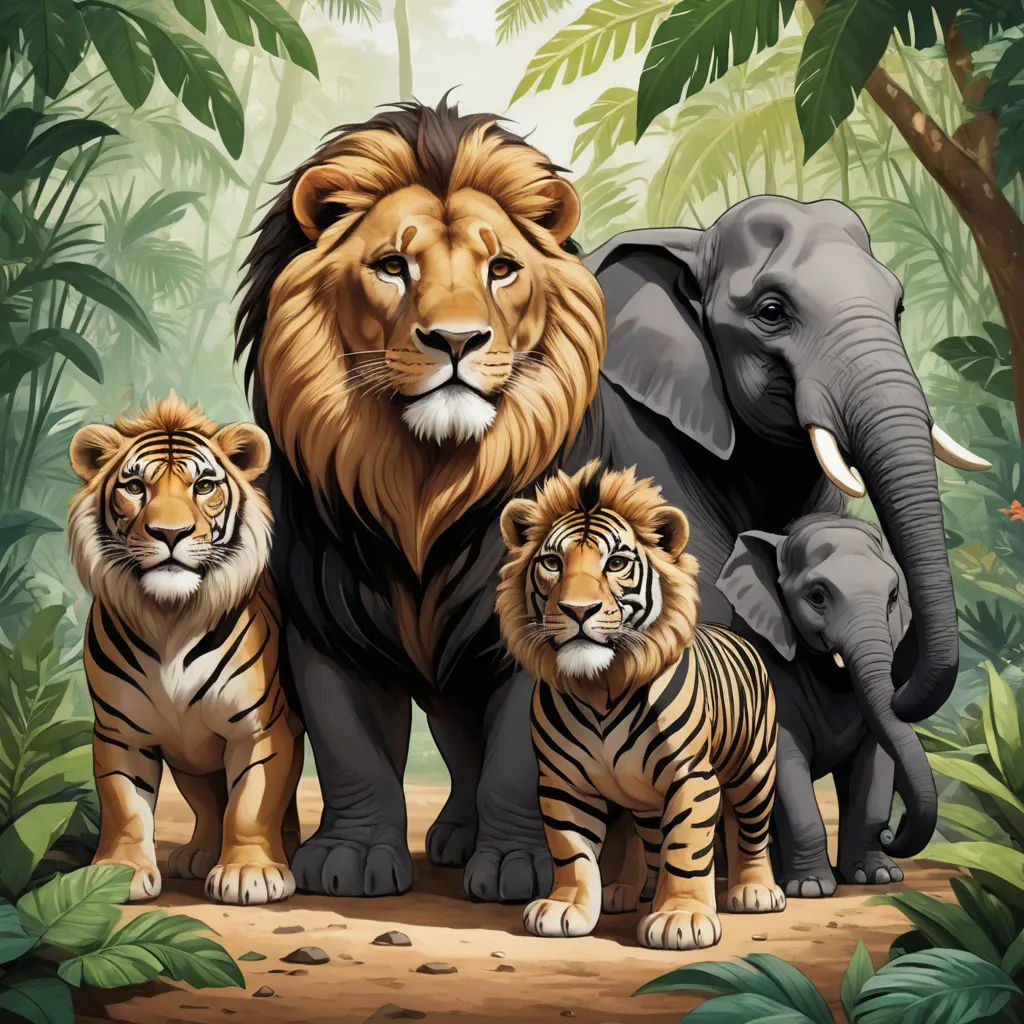 a group of tigers and a lion in a jungle scene with a baby elephant and an adult tiger standing next to it, sumatraism, a digital painting, Chris LaBrooy, highly detailed digital painting