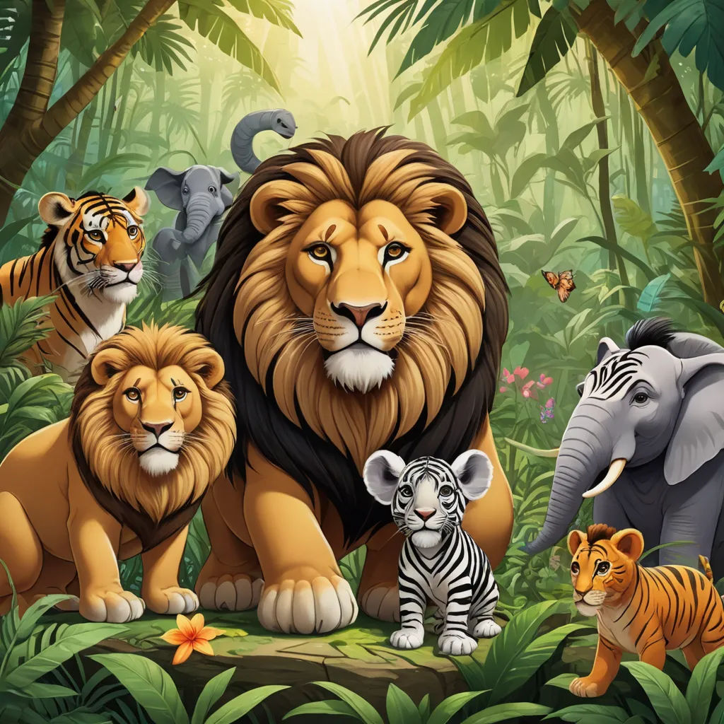 a group of animals that are in the jungle together with a lion and a tiger on the other side of the picture, naturalism, a storybook illustration, Anthony Devas, jungle