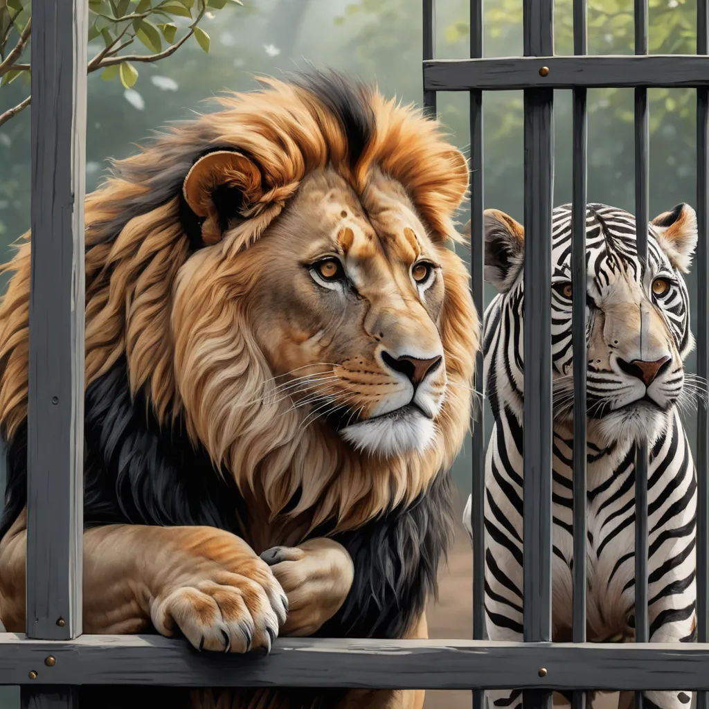 a painting of a lion and a zebra behind a fence with a tree in the background and a zebra behind a fence, furry art, a digital painting, Cyril Rolando, highly detailed digital painting