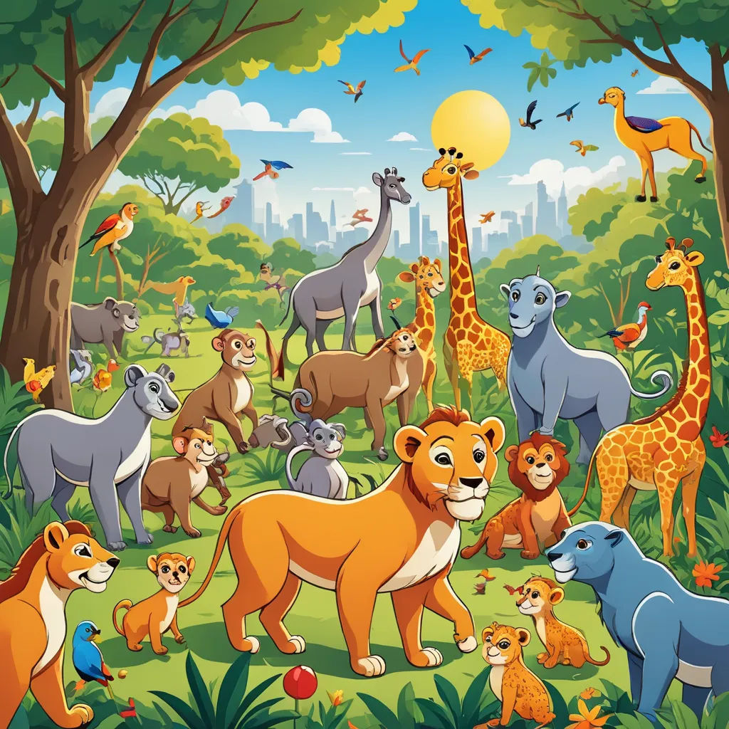 a group of animals in a jungle with trees and buildings in the background, including a giraffe, a lion, a rhino, a rhino, a rhino, a rhino, a giraffe, and a monkey, naive art, a storybook illustration, Chris LaBrooy, furaffinity