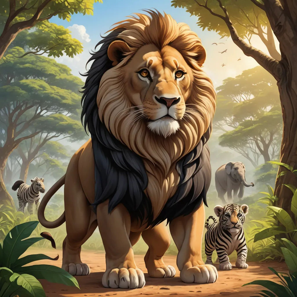a lion and a zebra in a jungle scene with trees and bushes and a zebra in the foreground, furry art, an airbrush painting, Chris LaBrooy, official art