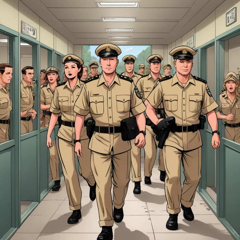 a group of men in uniform walking down a hallway together in a line of doors with a man in the middle of the hallway, bengal school of art, a comic book panel, Cedric Seaut (Keos Masons), official art