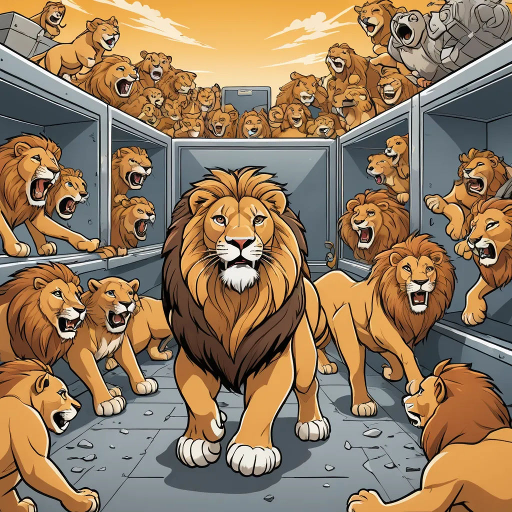 a bunch of lions are in a locker full of lions and a man is standing in the middle of the room, furry art, concept art, Chris LaBrooy, furaffinity