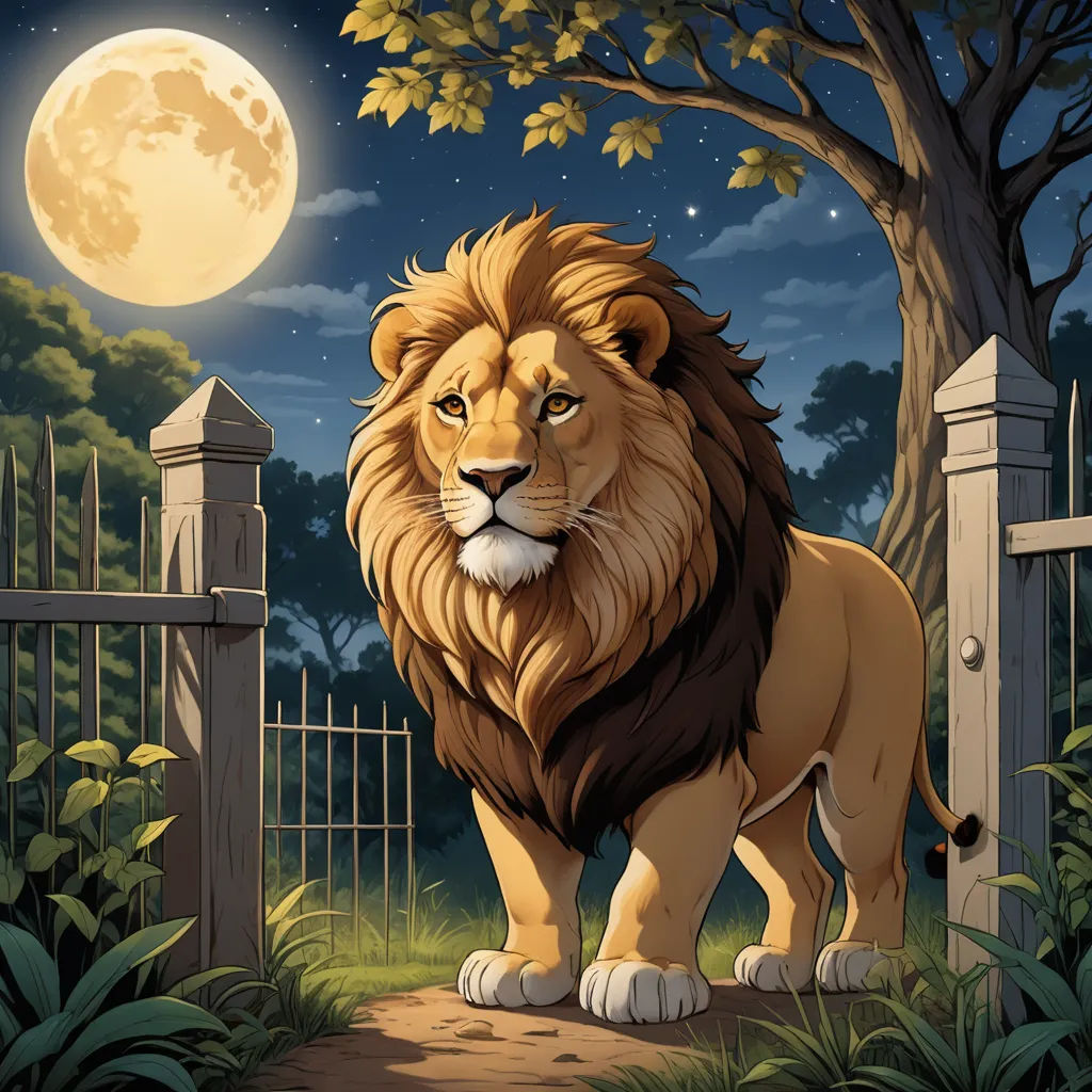 a lion standing in front of a fence with a full moon in the background and a tree with leaves, fantasy art, a storybook illustration, Chris LaBrooy, detailed illustration