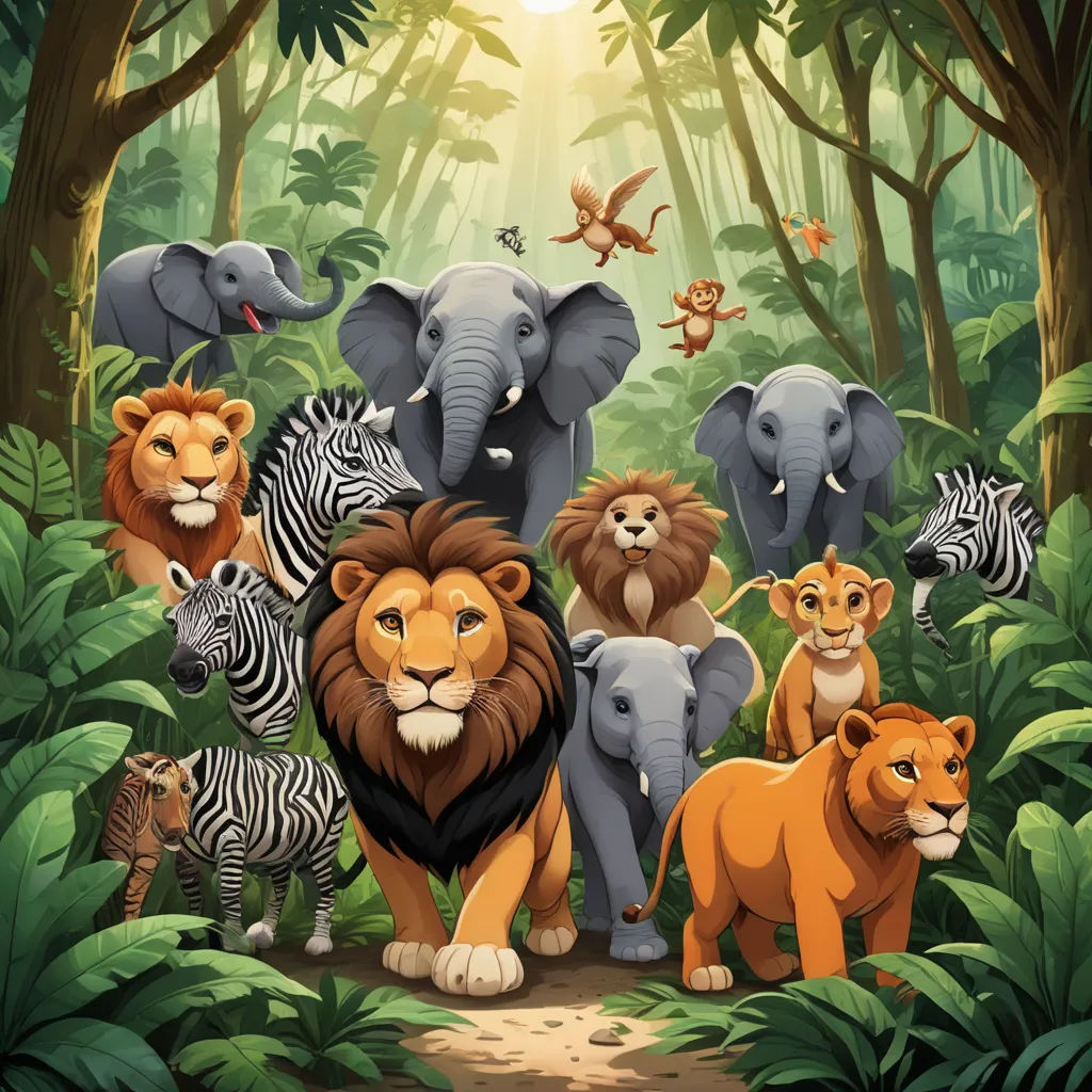 a group of animals in the jungle with a sun in the background and a jungle scene with zebras, lions, and other animals, naive art, a storybook illustration, Chris LaBrooy, jungle