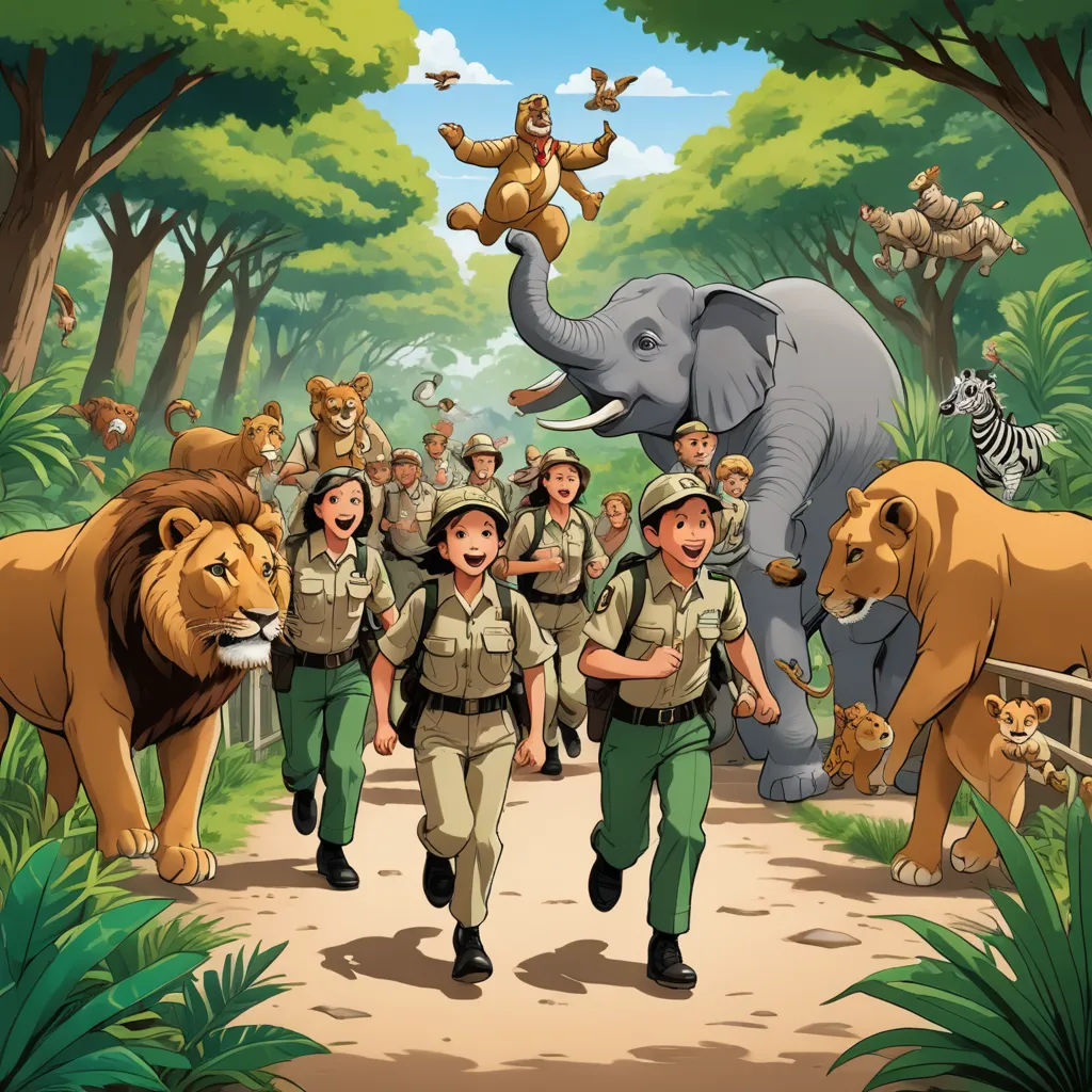 a group of people walking down a path with animals on either side of them and a man on the other side of the path, sumatraism, a storybook illustration, Chris LaBrooy, jungle