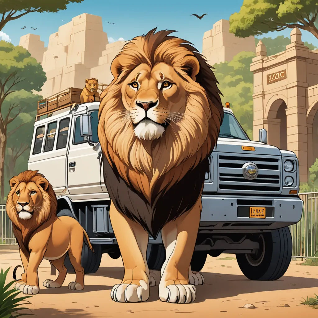 a lion and a lioness standing in front of a truck with a lion on the front of it, lyco art, a storybook illustration, Brothers Hildebrandt, official art