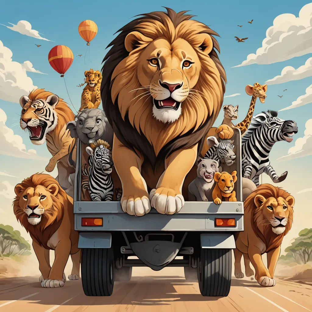 a truck with a bunch of animals in the back of it and a sky background with clouds and a balloon, furry art, an album cover, Chris LaBrooy, furaffinity