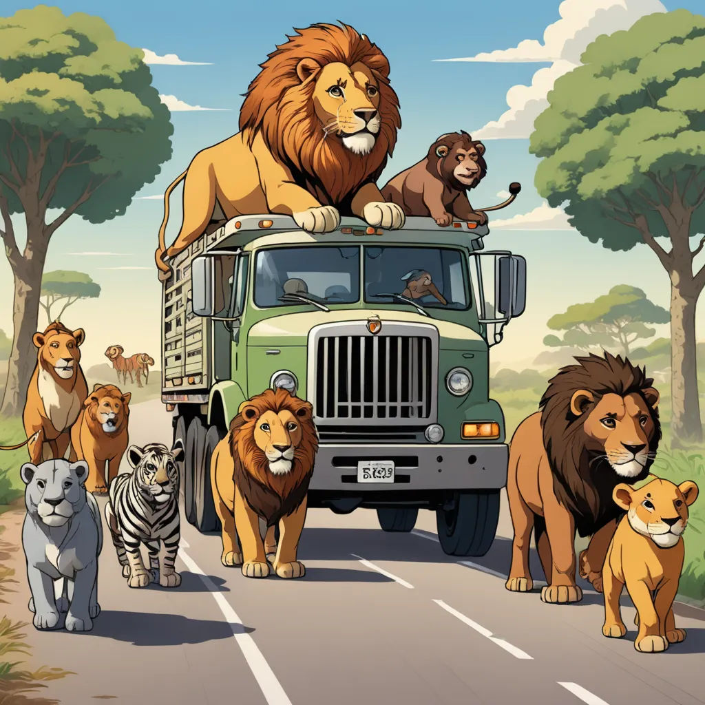 a group of lions and lions on the back of a truck in the middle of a road with trees, furry art, a storybook illustration, Chris LaBrooy, official art