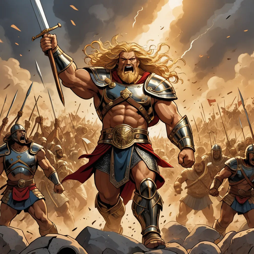 a painting of a man with a sword and armor in front of a group of men with spears and shields, fantasy art, a comic book panel, Alex Horley, epic fantasy character art