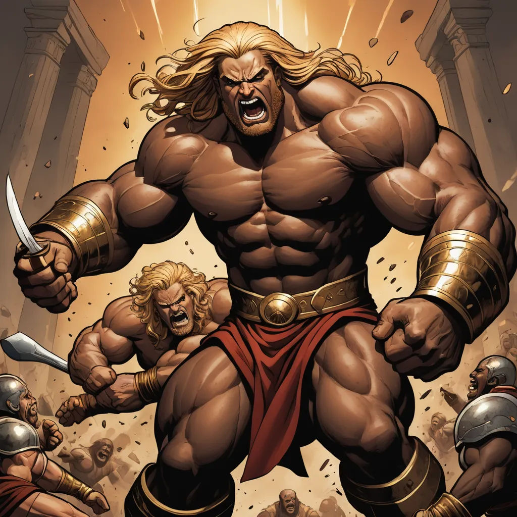 a cartoon of a man with a sword and a man with a beard and a beard in his hands, sumatraism, a comic book panel, Benjamin Marra, muscular