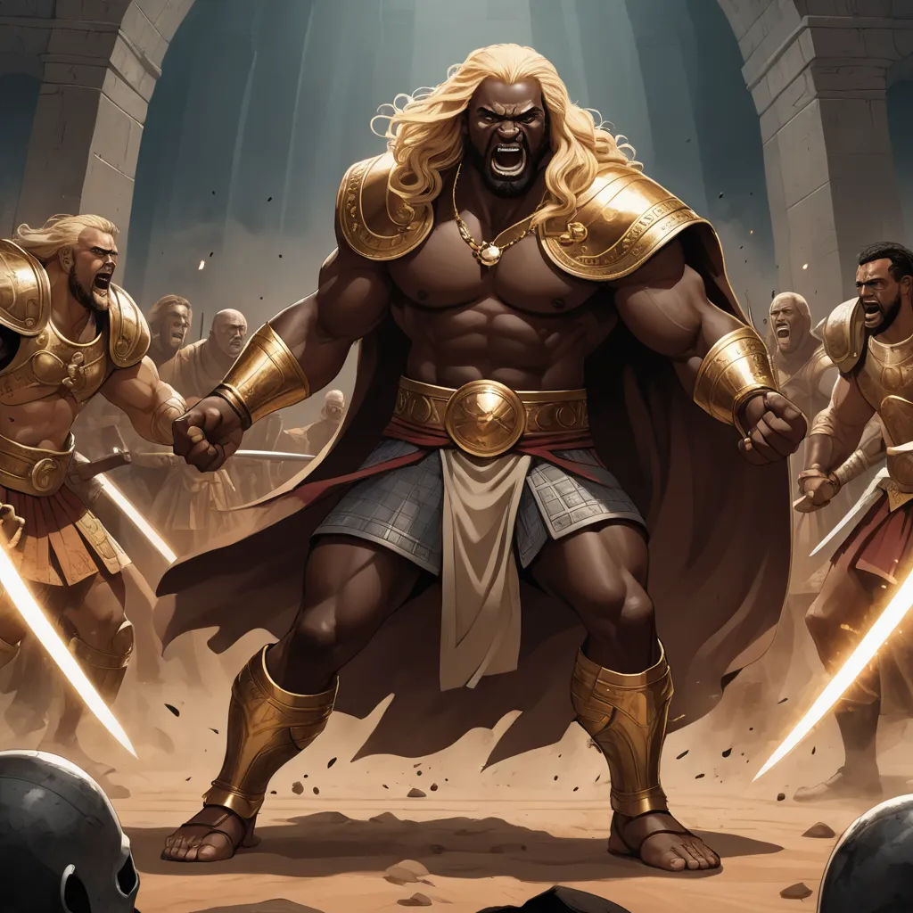 a painting of a man with two swords in front of a group of men in armor and armor with swords, altermodern, a comic book panel, Clint Cearley, magic the gathering artwork