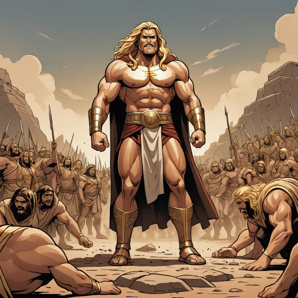 a man in a golden outfit standing in front of a group of men in a desert area with a sky background, fantasy art, a comic book panel, Altichiero, western comic book art