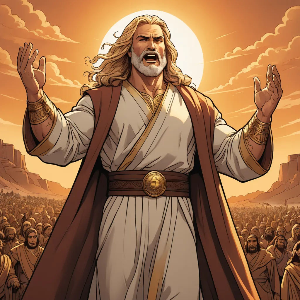 a man with long hair and a beard in a desert setting with his hands up in the air and his hands out, unilalianism, a comic book panel, Christophe Vacher, comic cover art