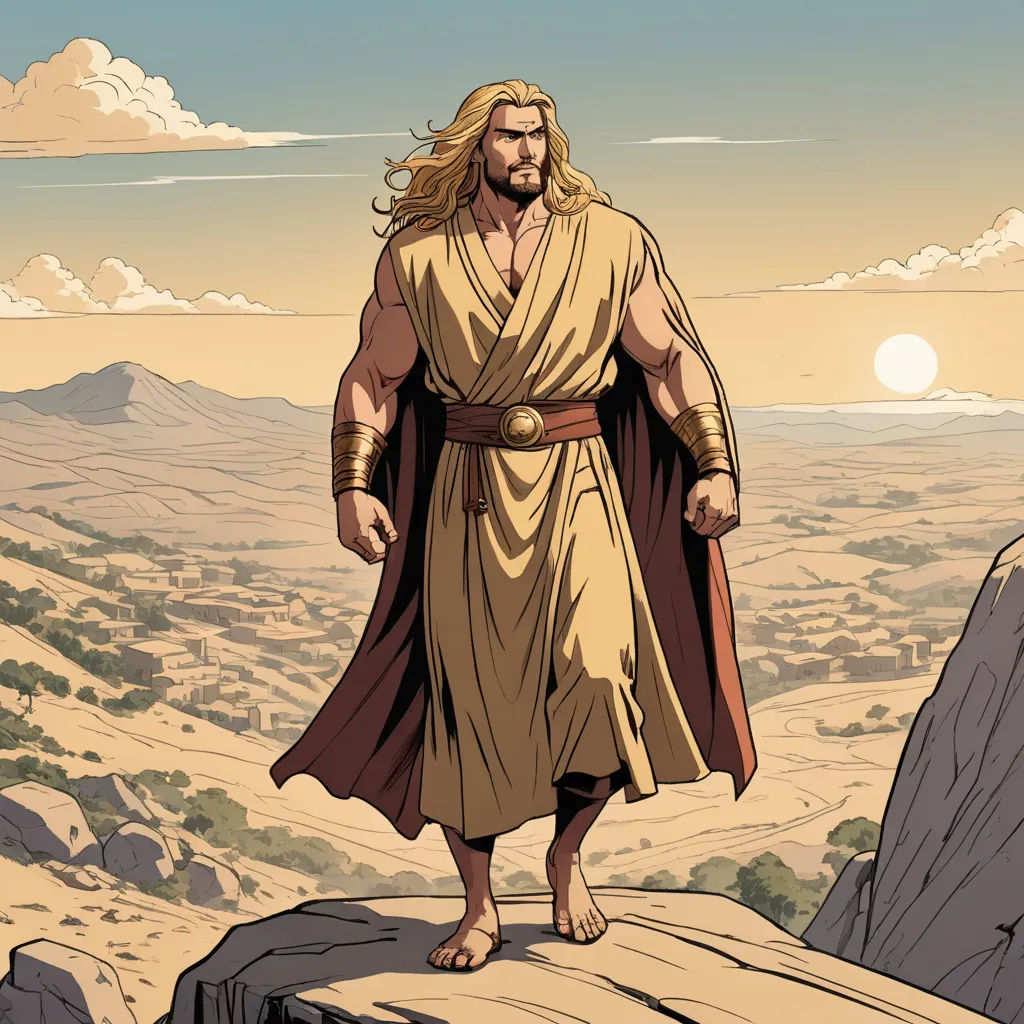 a man in a robe standing on a rock with a desert landscape in the background and a sky with clouds, process art, a comic book panel, Diego Gisbert Llorens, western comic book art