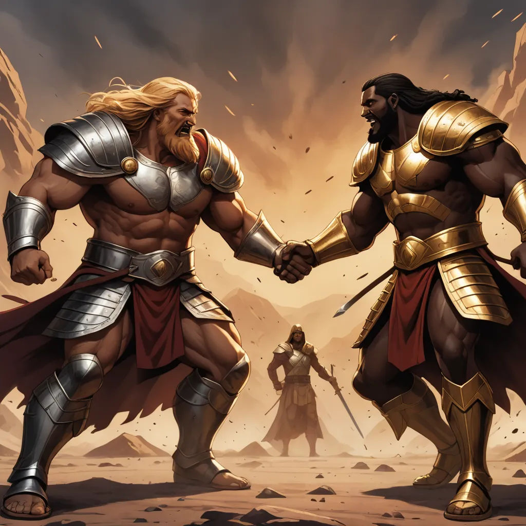 two men in armor shaking hands in a desert area with a sky background and a mountain in the background, altermodern, a comic book panel, Brothers Hildebrandt, magic the gathering artwork