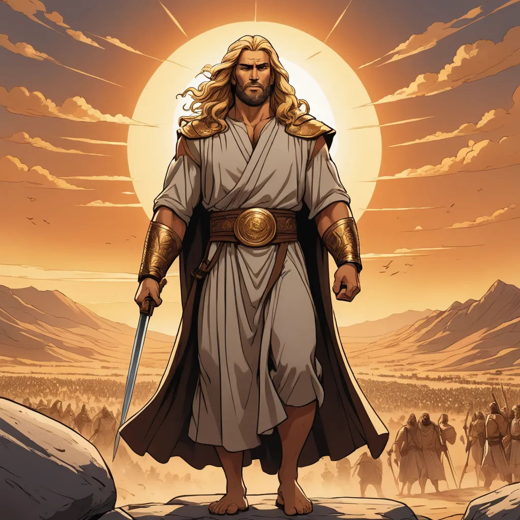 a man in a robe and cape holding a sword in front of a sunset with a group of people, process art, a comic book panel, Brothers Hildebrandt, western comic book art