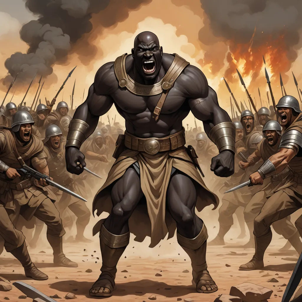 a painting of a man in armor surrounded by other men in battle outfits and weapons, with a huge amount of smoke behind him, black arts movement, a comic book panel, Art of Brom, marvel comics