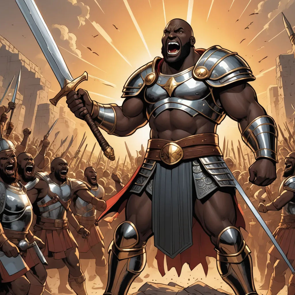 a cartoon of a man with a sword and armor in front of a crowd of men in armor and armor, afrofuturism, a comic book panel, Cedric Seaut (Keos Masons), magic the gathering artwork