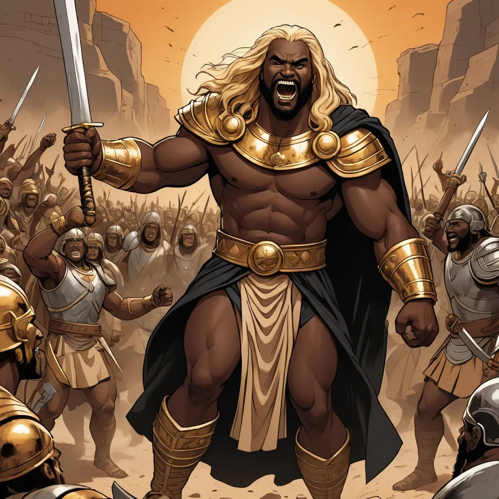 a cartoon of a man with a sword in front of a group of men in armor and armor with swords, afrofuturism, a comic book panel, Ben Enwonwu, comic cover art