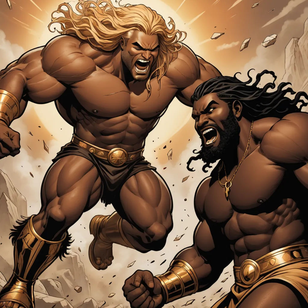 a man with a beard and a beard in a fighting stance with another man in a gold outfit and a beard, afrofuturism, a comic book panel, Brothers Hildebrandt, marvel comics