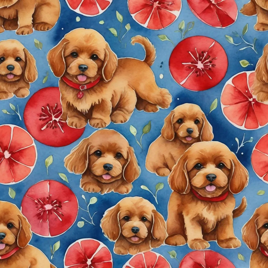 a painting of a dog with a red collar and a red umbrella and some red pomegranates, folk art, a detailed painting, Annabel Kidston, highly detailed digital art