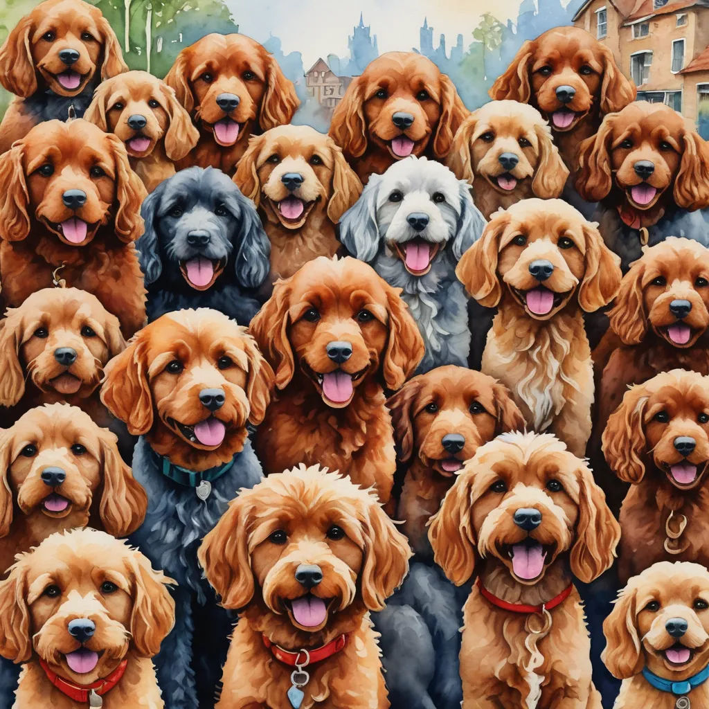 a painting of a group of dogs with their tongues out and their heads turned to the side, with a city in the background, naive art, a detailed painting, Chris LaBrooy, extremely detailed oil painting