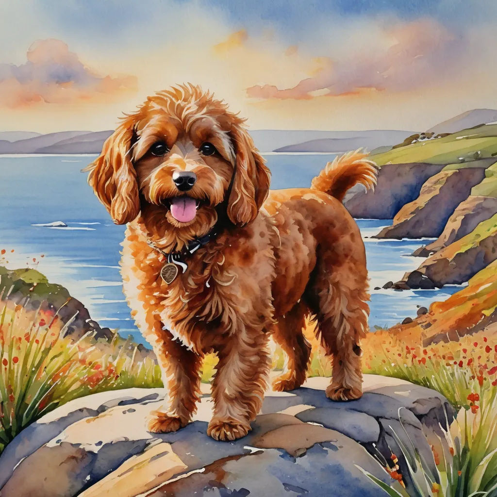 a painting of a dog standing on a rock by the ocean with a sunset in the background and a blue sky, naive art, a fine art painting, David Brewster, detailed painting