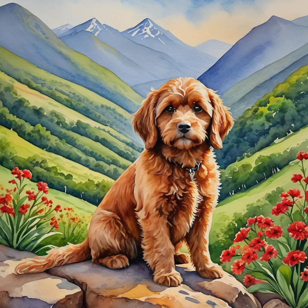 a painting of a dog sitting on a rock in a field of flowers and mountains in the background with a sky, american scene painting, a fine art painting, Carol Sutton, professional digital painting