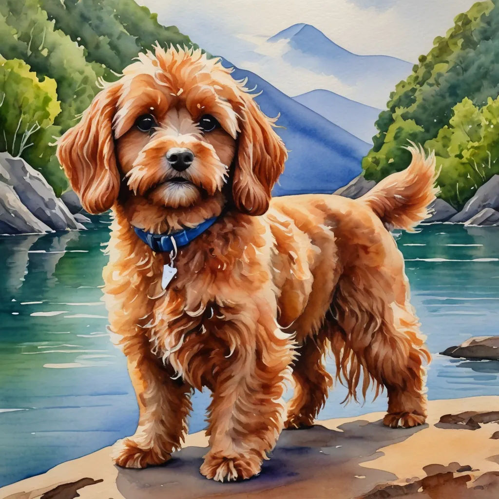 a painting of a dog standing on a beach next to a lake and mountains in the background with a blue collar, photorealism, a watercolor painting, Carol Sutton, detailed painting