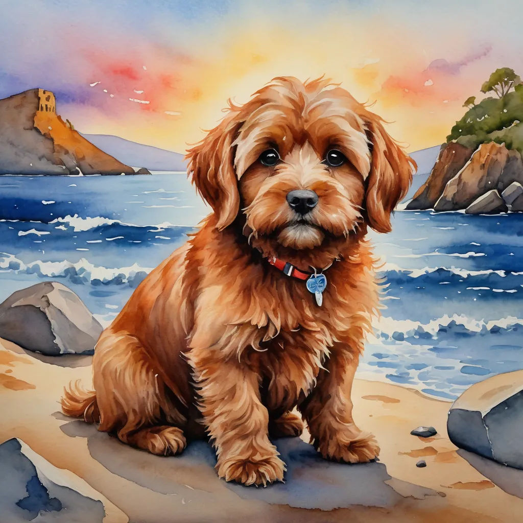 a painting of a dog sitting on a beach next to the ocean with a sunset in the background and a mountain range in the distance, photorealism, a watercolor painting, Alison Kinnaird, professional digital painting