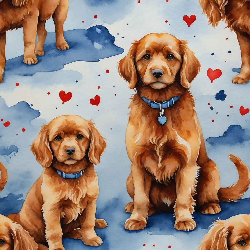 a painting of three dogs sitting on a blue background with hearts and hearts on it's collars, naive art, a detailed painting, Annabel Kidston, in gouache detailed paintings