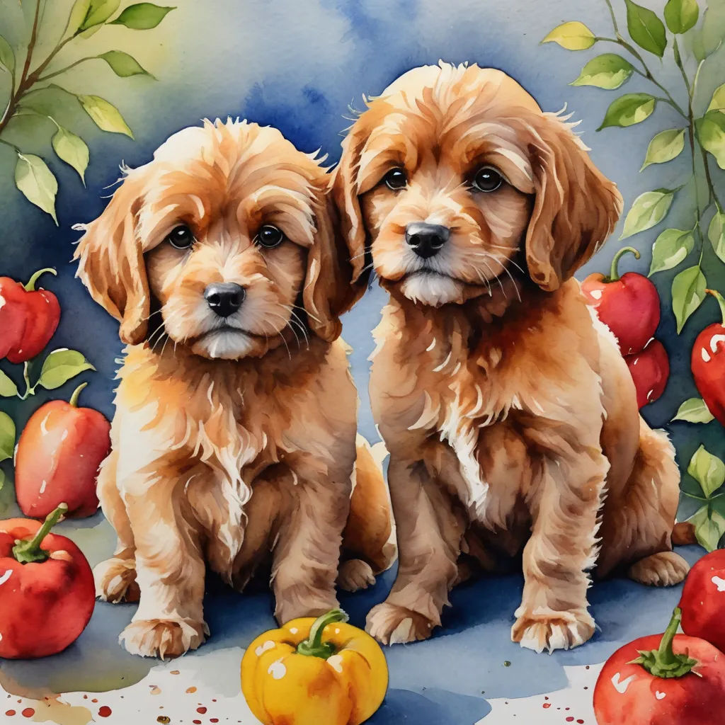 two dogs sitting next to each other on a table with tomatoes and peppers on it and a painting of them, figurative art, a watercolor painting, Art Brenner, highly detailed oil painting