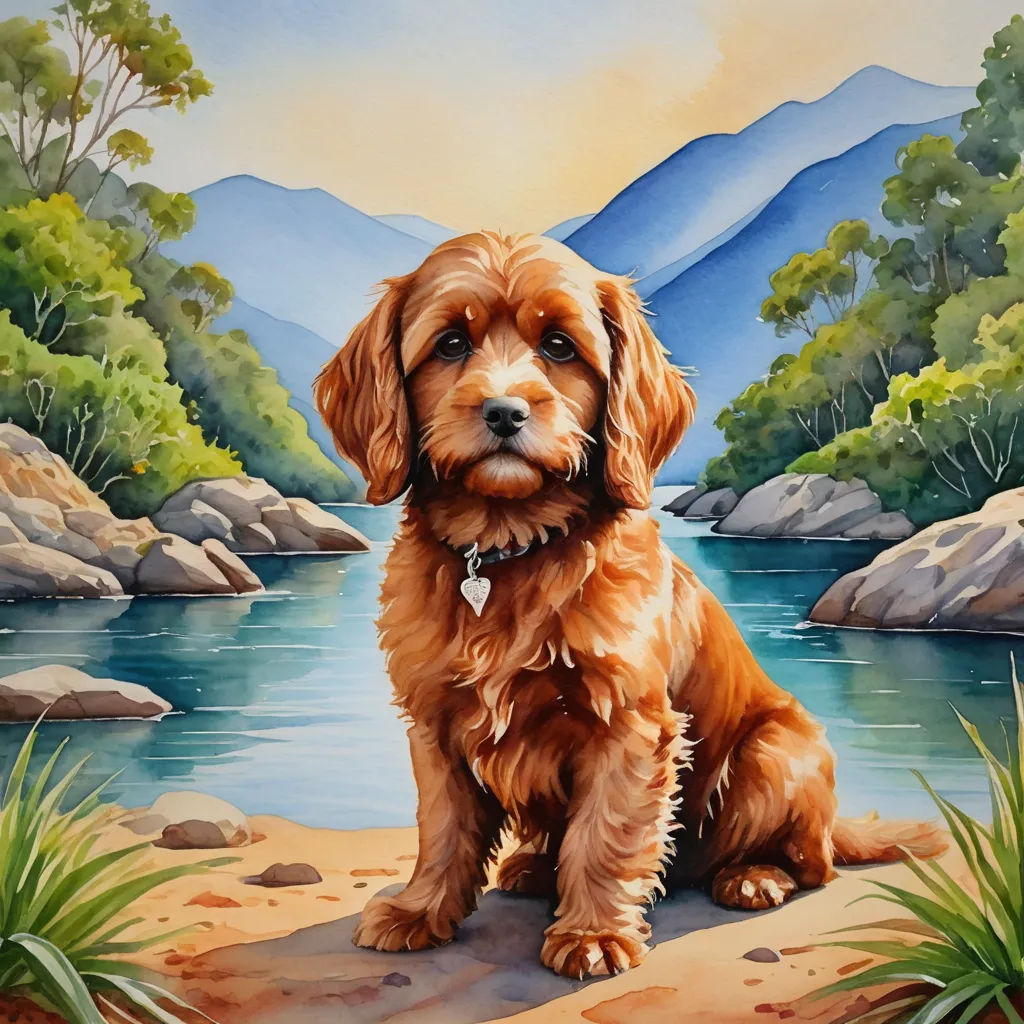 a painting of a dog sitting on a beach next to a lake and mountains in the background with a blue sky, figurative art, a fine art painting, Carol Sutton, highly detailed oil painting