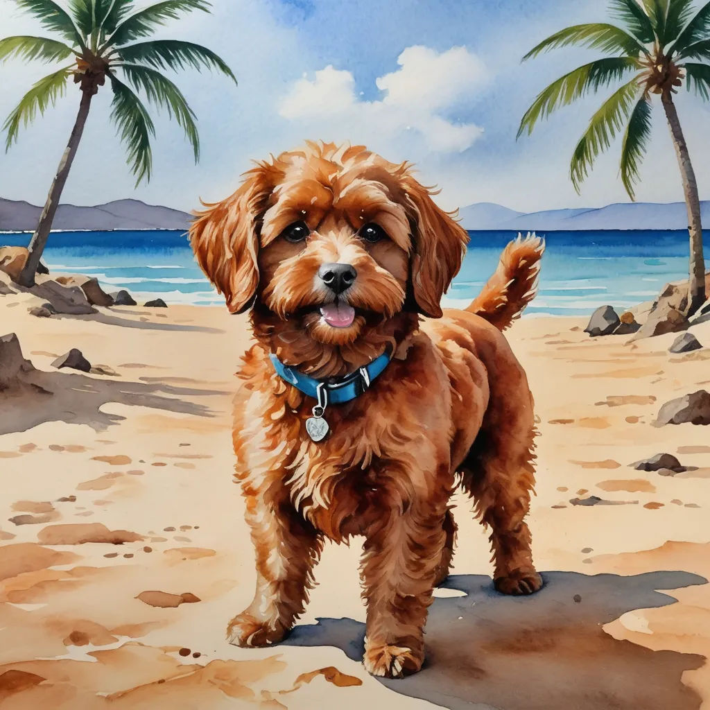 a painting of a dog on a beach with palm trees in the background and a blue sky with clouds, photorealism, an airbrush painting, Alison Kinnaird, highly detailed digital painting