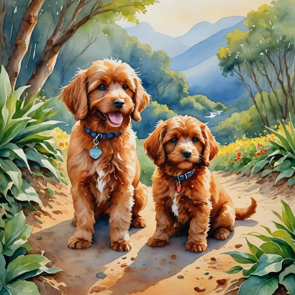 two dogs are sitting on a path in the woods with a mountain view behind them and a blue tag on their collar, naive art, a fine art painting, Brothers Hildebrandt, detailed painting