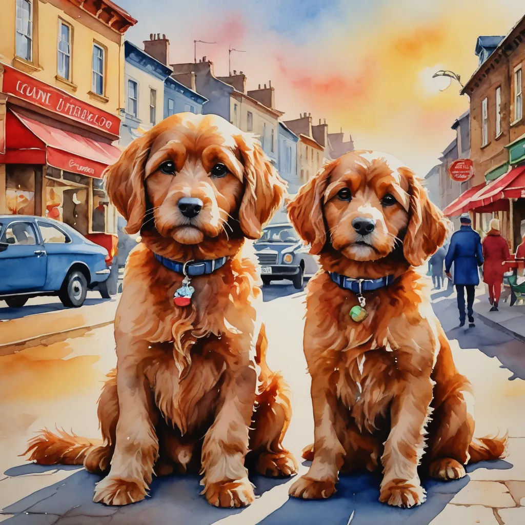 two dogs sitting on a sidewalk in front of a building with a sky background and a person walking on the sidewalk, figurative art, a fine art painting, Alison Kinnaird, highly detailed oil painting