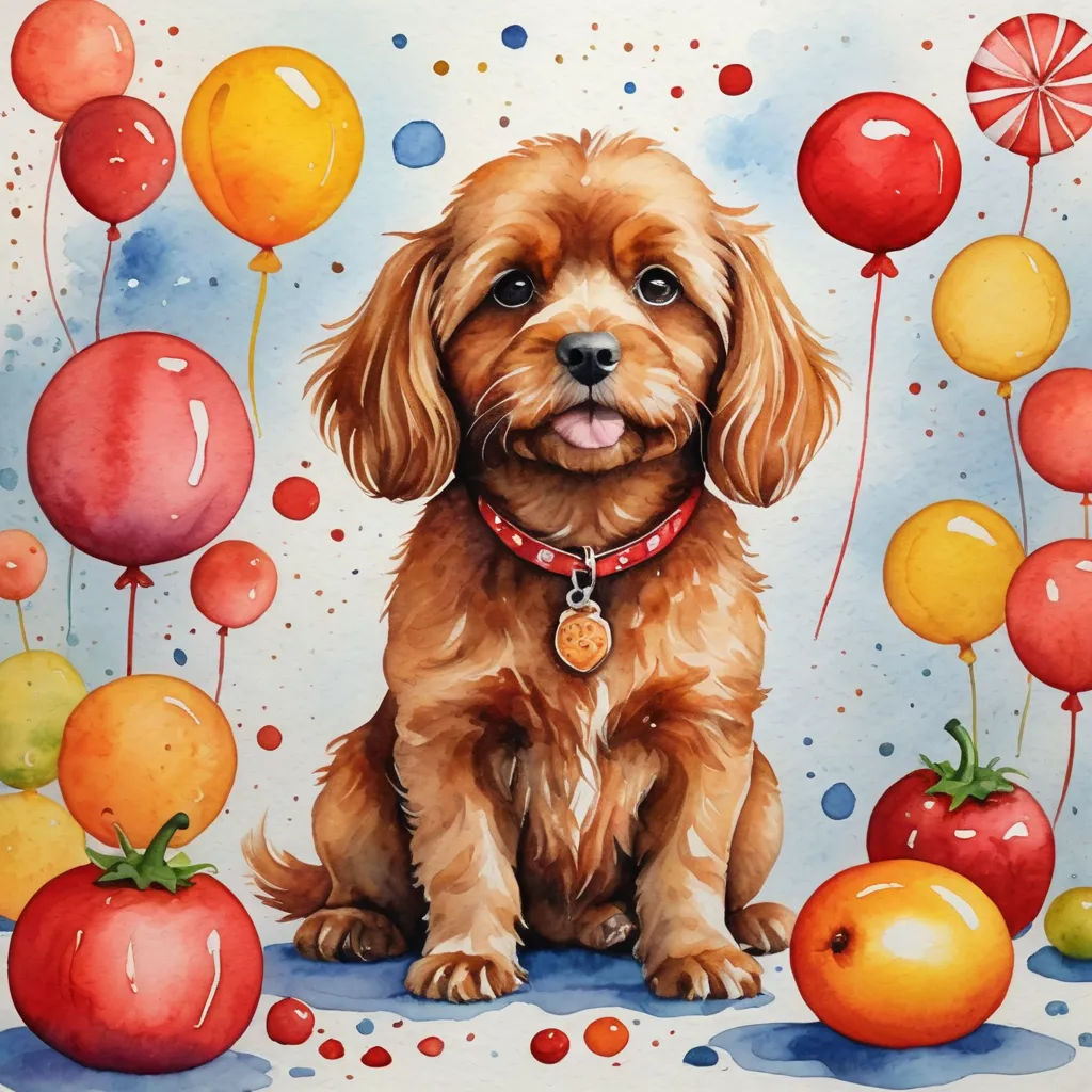 a painting of a dog sitting in front of balloons and tomatoes with a red collar on it's neck, naive art, a watercolor painting, Annabel Kidston, in gouache detailed paintings