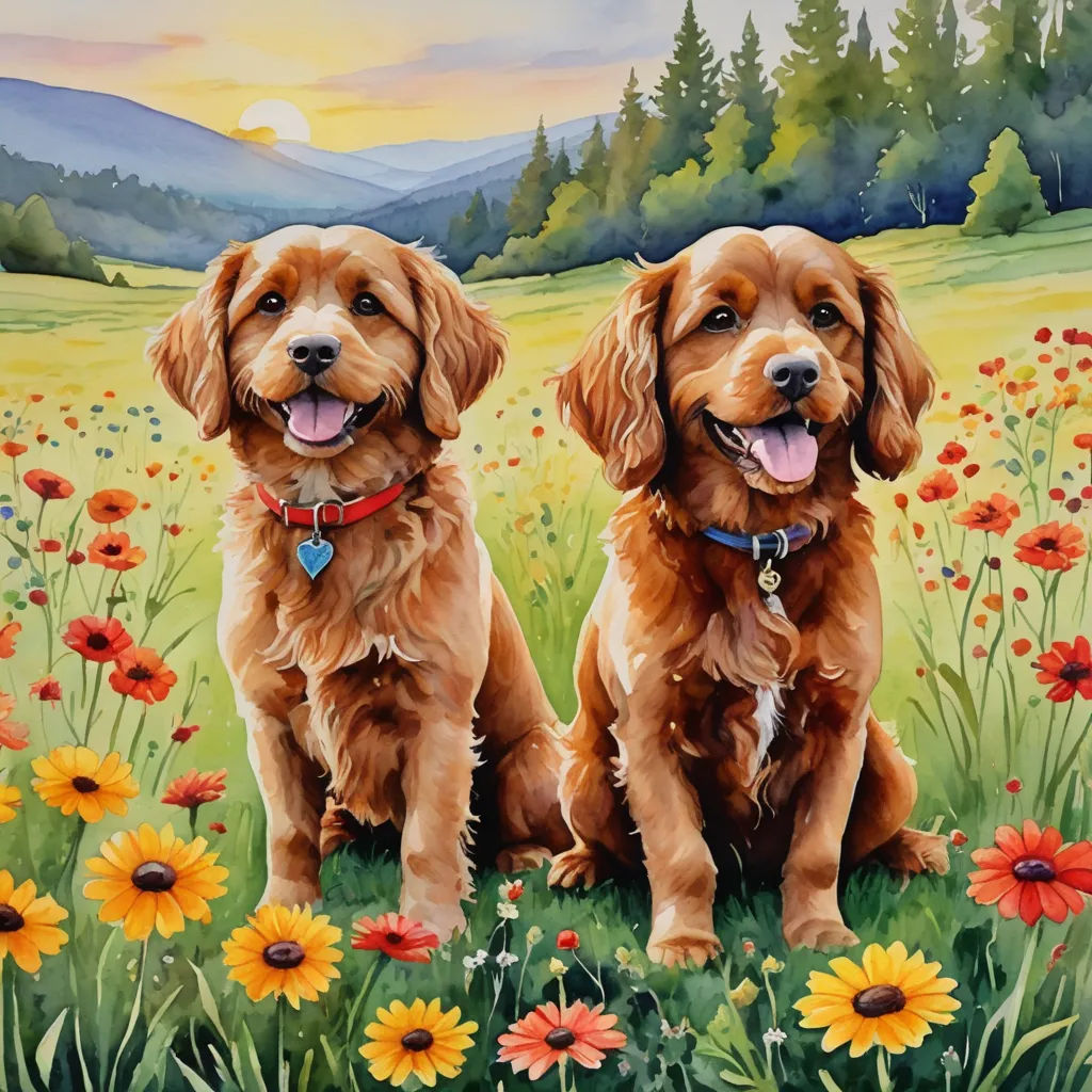 two dogs sitting in a field of flowers with a sunset in the background and a mountain range in the distance, naive art, a detailed painting, Carol Sutton, highly detailed oil painting