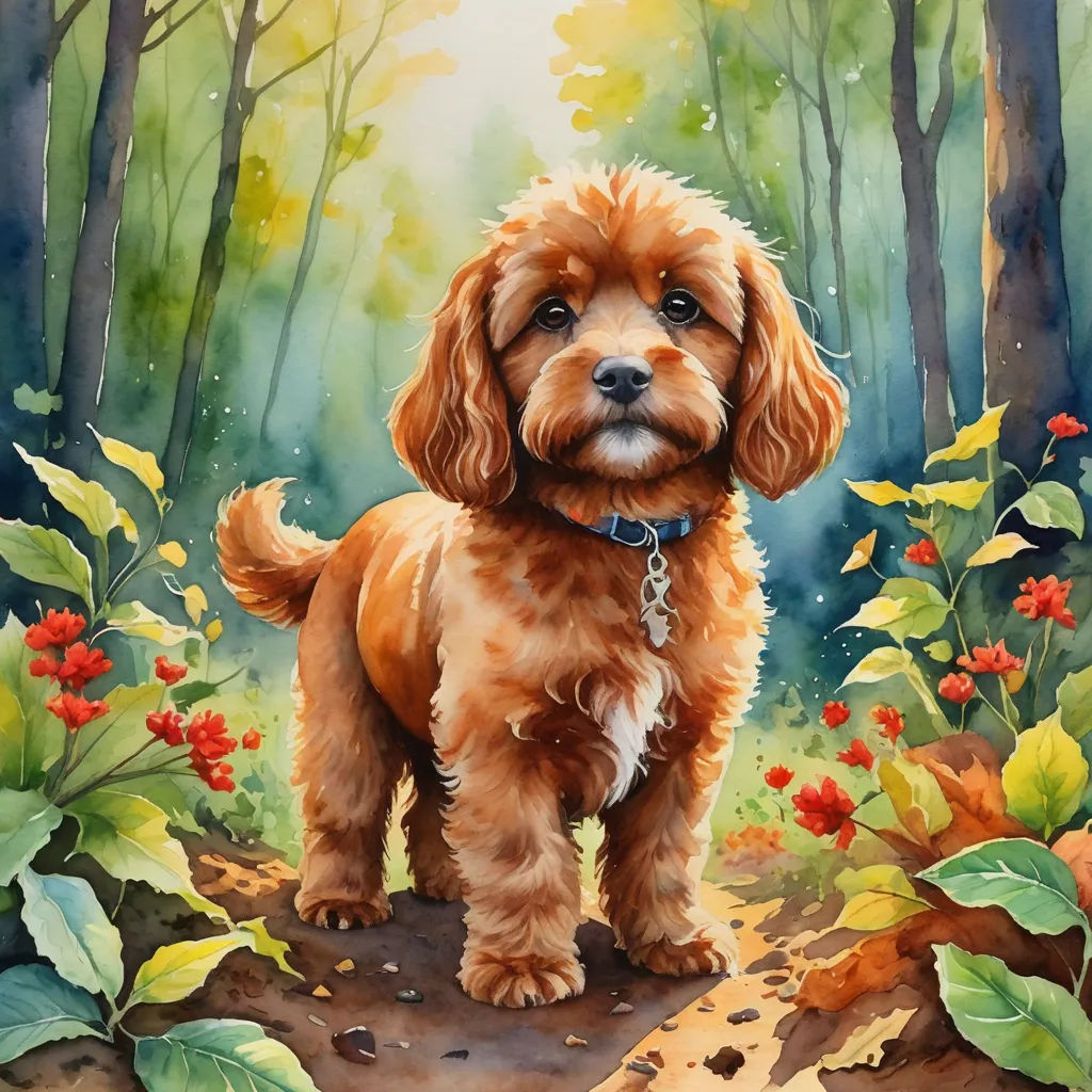 a painting of a dog standing in the woods with flowers and leaves around him and a chain around his neck, naive art, a watercolor painting, Carol Sutton, detailed painting