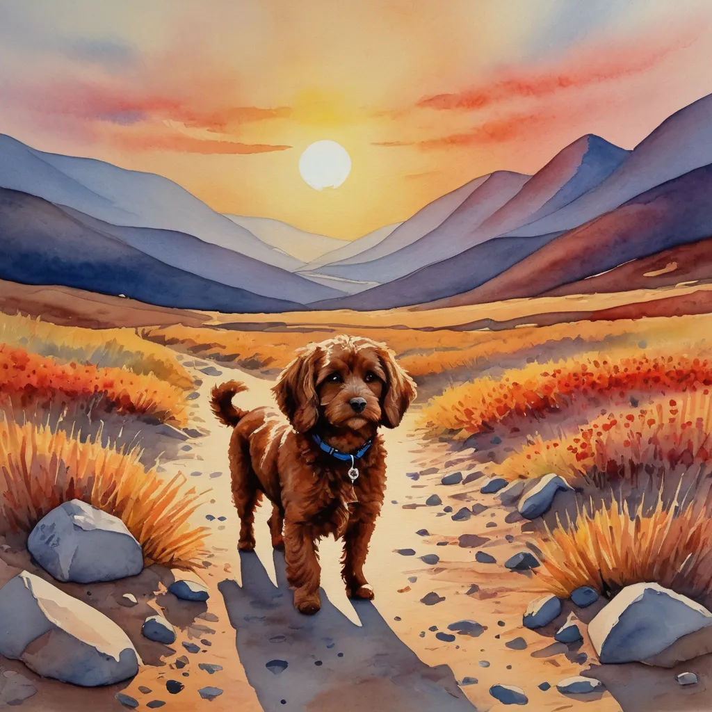 a painting of a dog on a dirt path in a field with mountains in the background and a sunset, american scene painting, a watercolor painting, Alison Kinnaird, watercolor