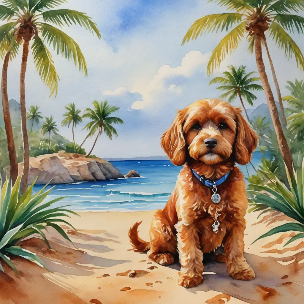 a painting of a dog sitting on a beach with palm trees and a rocky shore in the background with a blue sky, naive art, an airbrush painting, Alison Kinnaird, detailed painting