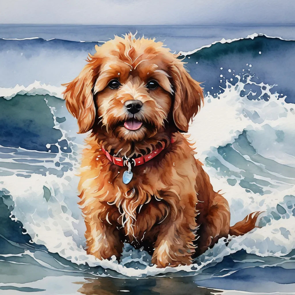 a painting of a dog sitting in the water with a wave behind him and a sky background with clouds, photorealism, a watercolor painting, Alison Kinnaird, in gouache detailed paintings