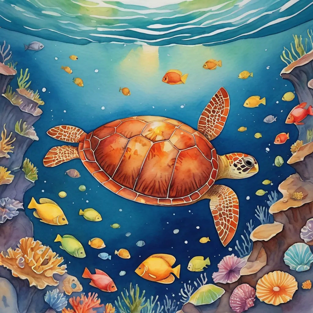 a painting of a turtle swimming in the ocean with fish and corals around it, with a sunbeam in the background, environmental art, a watercolor painting, Alison Kinnaird, ocean