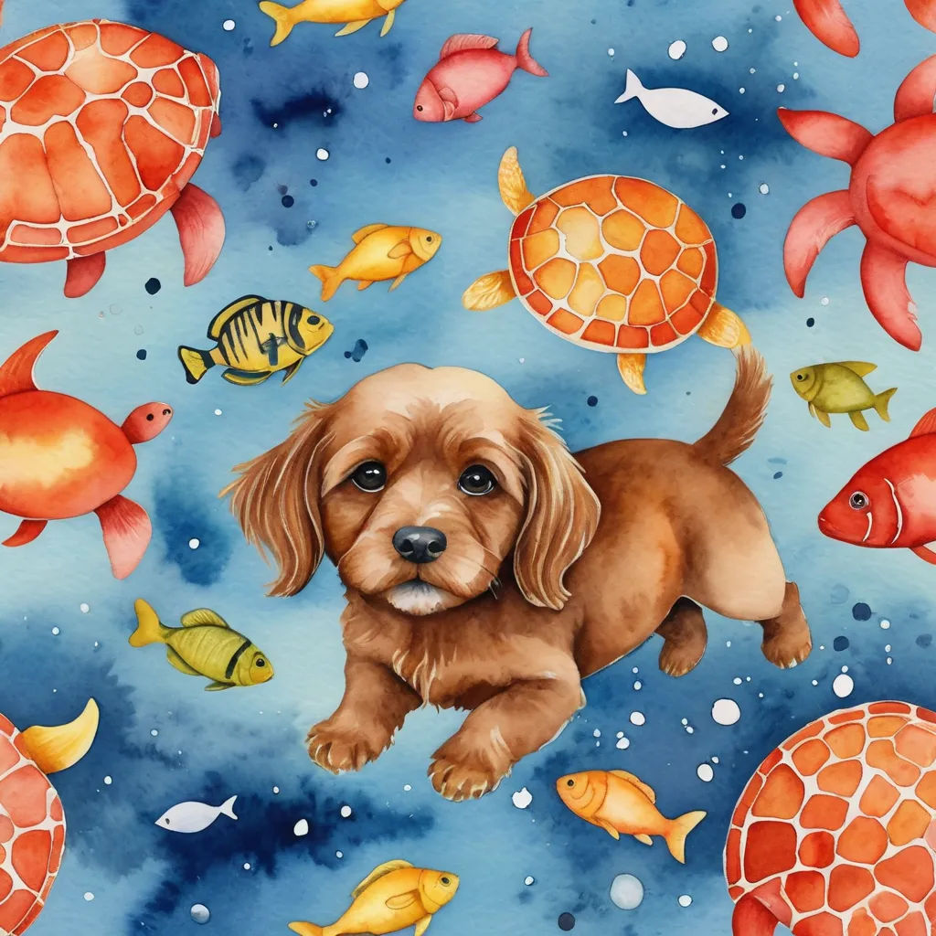 a painting of a dog surrounded by fish and turtles on a blue background with watercolors of fish and turtles, naive art, a watercolor painting, Annabel Kidston, highly detailed digital painting