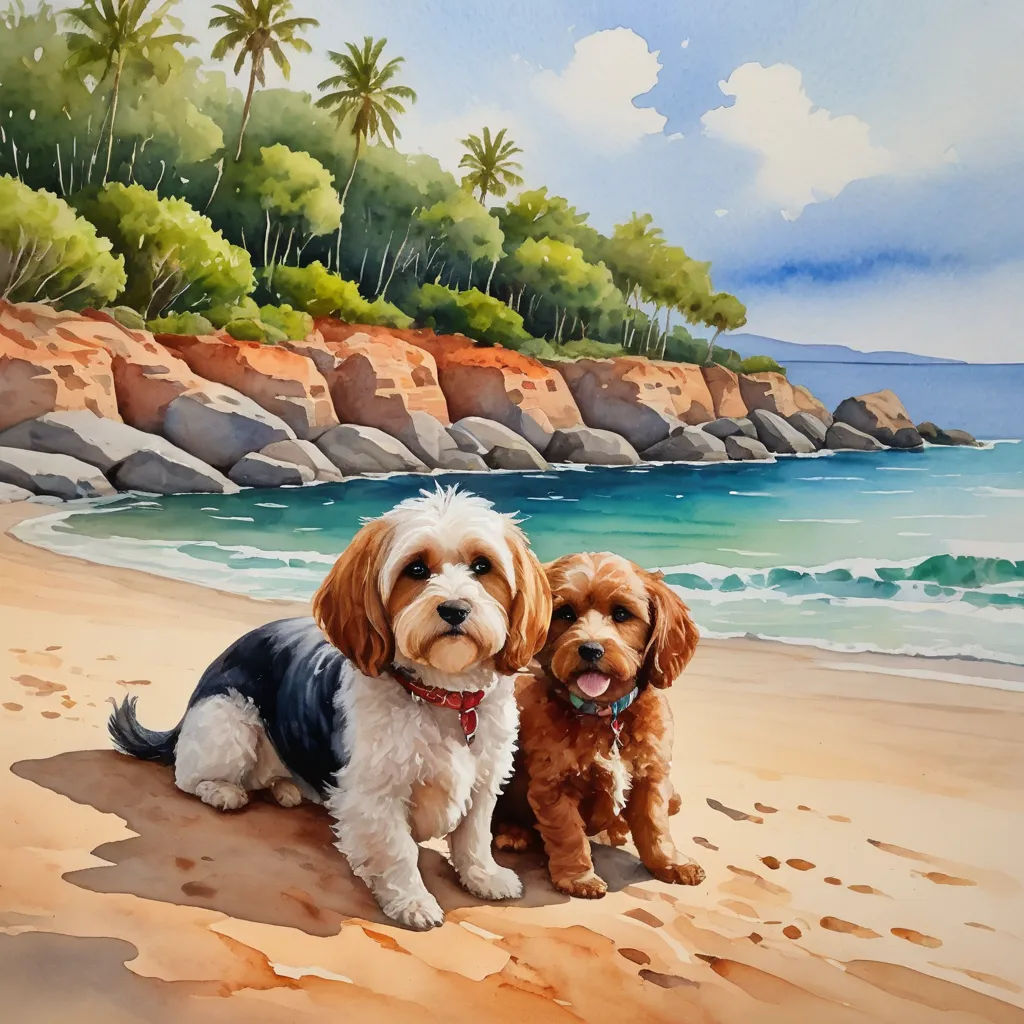 two dogs are sitting on the beach by the water and trees and rocks, and one is looking at the camera, american scene painting, a fine art painting, Alison Kinnaird, detailed painting