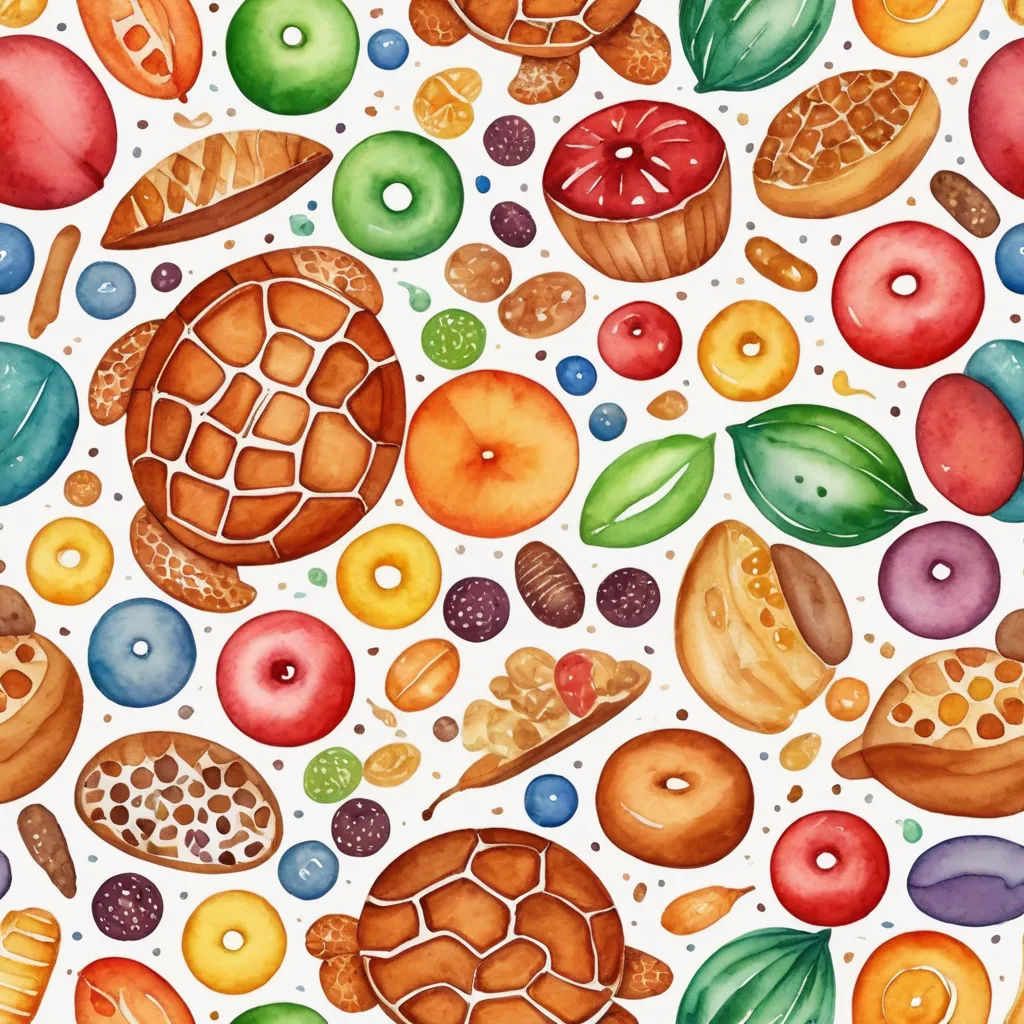 a watercolor painting of a turtle, turtle shell, and other food items on a white background with a green leaf, folk art, a detailed painting, Annabel Kidston, detailed illustration
