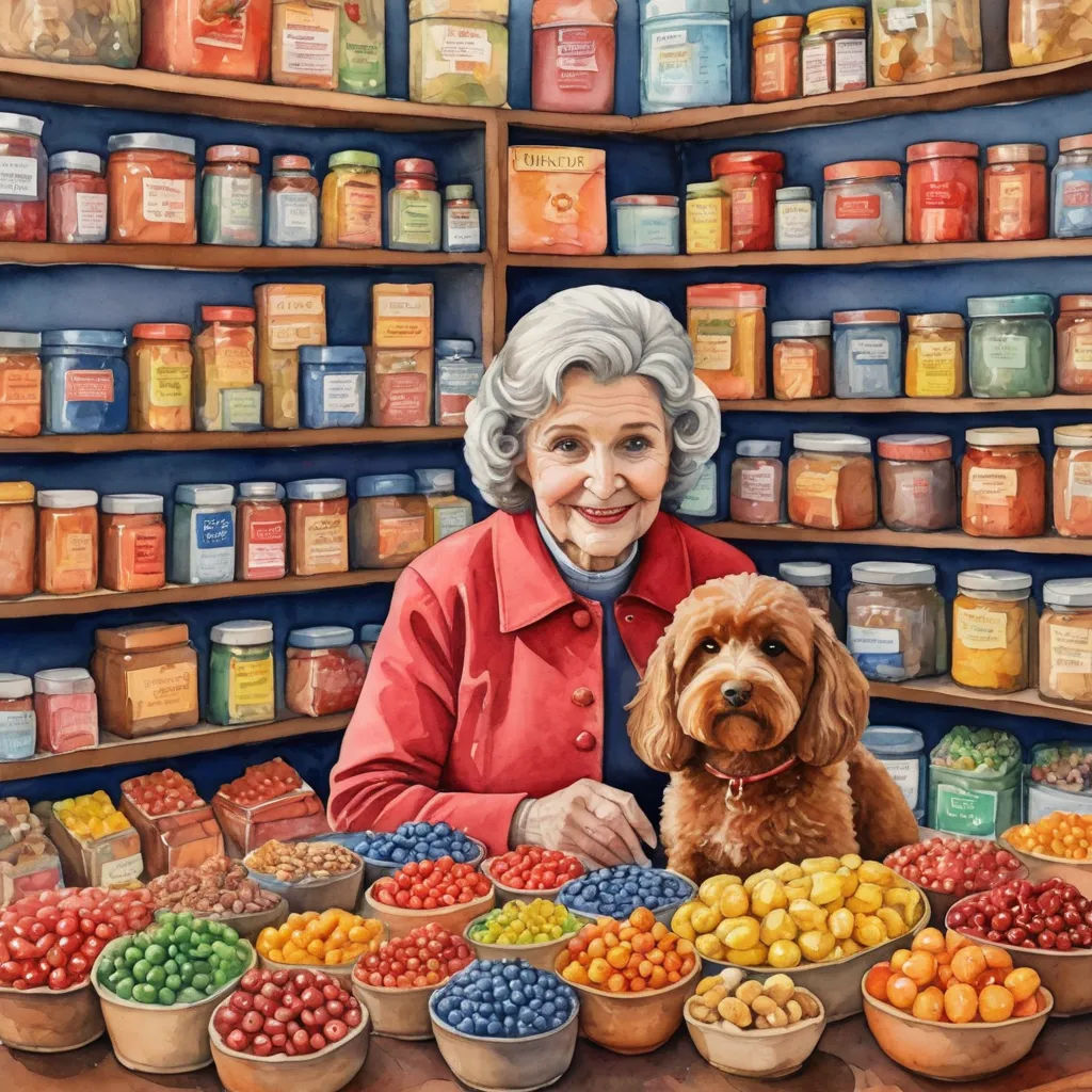 a painting of a woman and her dog in a store with many bowls of fruit and vegetables on the table, photorealism, a photorealistic painting, Chris LaBrooy, highly detailed digital painting