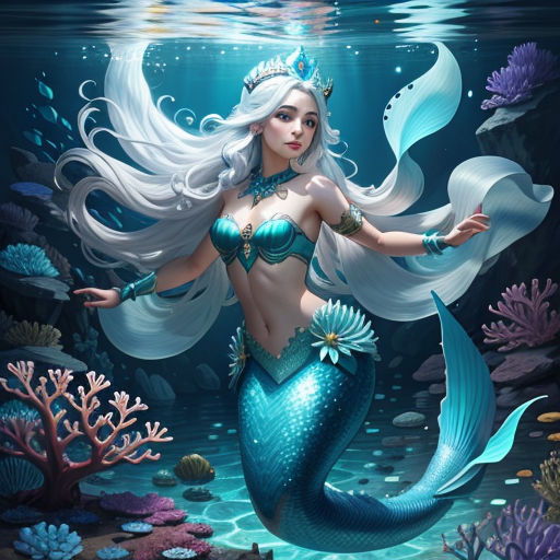 a mermaid with a tiara and a pearl in her hand under the water with a fish in her hand
