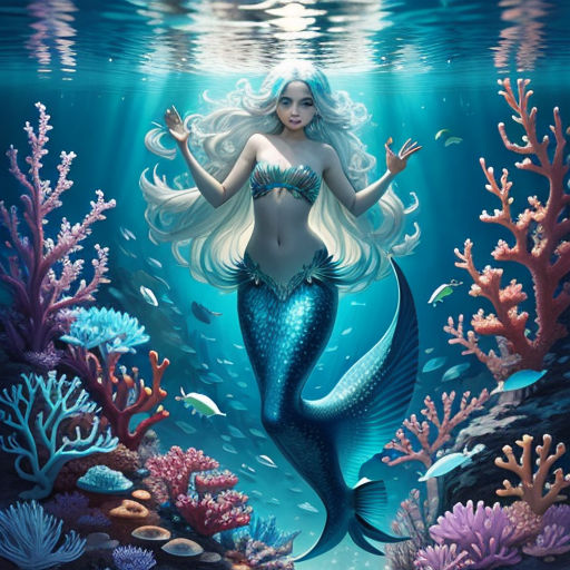 a mermaid with long hair and a blue tail swimming in the ocean with corals and other sea life